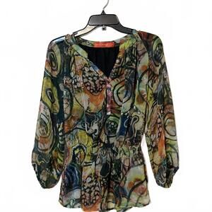 Urban Mango Colorful Boho Chic Women's Sheer Long Sleeve Cinch Waist Top Size S